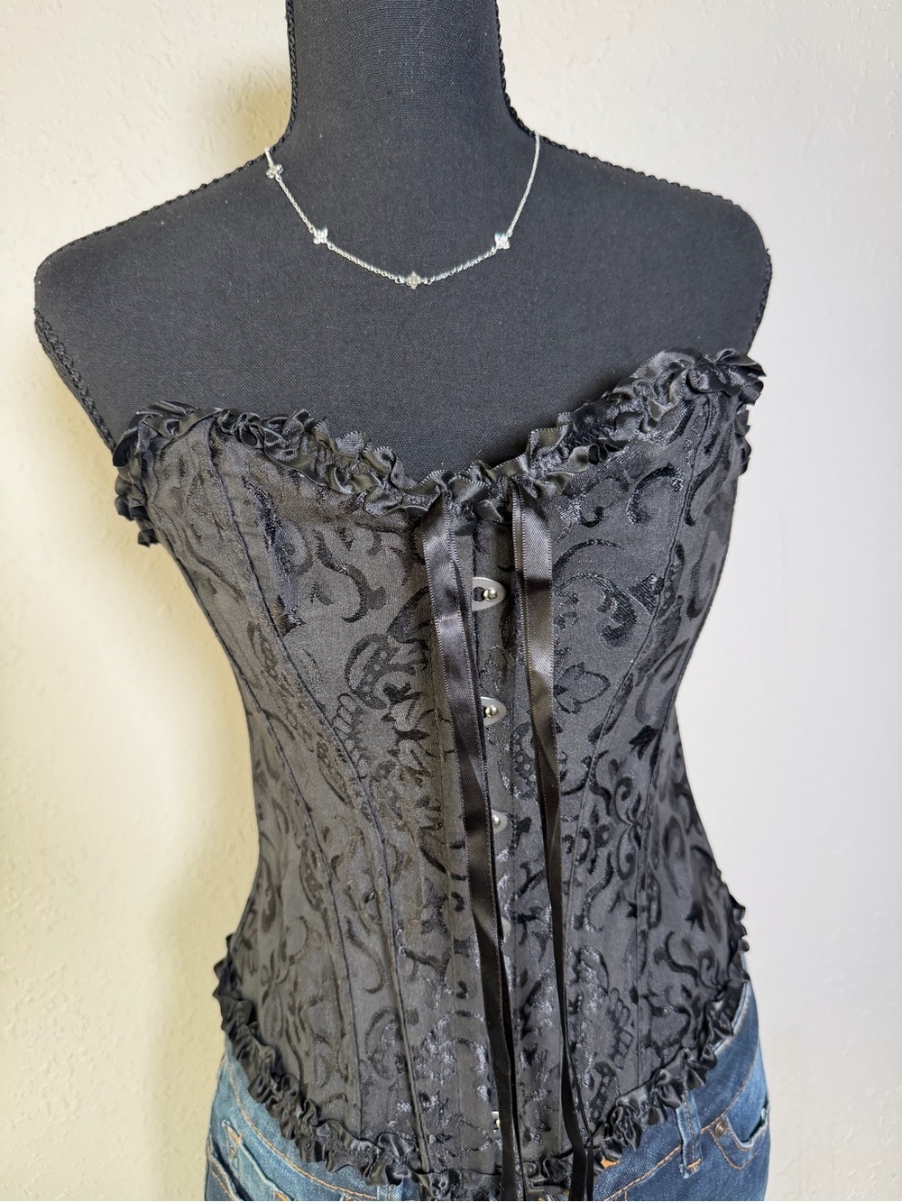 Black Floral Brocade Strapless Corset Top